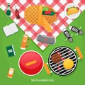 Summer, spring barbecue and picnic icons set. Snacks taco and beer. Party items, picnic basket with bread and wine. Romantic dinne