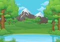 Summer, spring day background. Lake or river with lush green trees and snowy mountains.