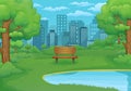 Summer, spring day illustration. Wooden bench by the lake with lush green bushes and trees. Cityscape in the background