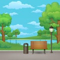 Summer, spring day park. Wooden bench, trash bin and street lamp with a lake in the background. Royalty Free Stock Photo