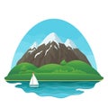 Three snowy mountains with green hills, lush trees and bushes, lake, sailboat and blue sky on a white background.