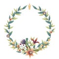 Summer, spring, easter, birthday or wedding circle wreath with crown, flowers, leaves and branches.
