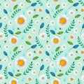 Summer, spring, easter, birthday, wedding seamless green pattern with flowers chamomile and leaves.