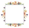 Summer, spring, easter, birthday or wedding square frame with flowers, leaves and branches