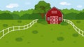 Summer or spring farm concept in countryside. Cartoon doodle vector cute Red barn, white fence and clouds, green field and trees,
