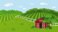 Summer or spring farm doodle concept in countryside. Cartoon vector cute Red barn with open doors, white fence and clouds, green Royalty Free Stock Photo