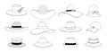 Summer And Spring Hats Outline Monochrome Icons Collection Of Accessories, Male And Female Classic, Baseball Or Panama