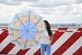 Summer and spring joy. free time and vacation. sunny or rainy weather forecast. just having fun. sexy girl with parasol. fashion