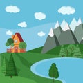 Summer or spring lake landscape with cartoon country house with fences, green trees, spruce, clouds, road, mountains Royalty Free Stock Photo