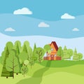 Summer or spring landscape with cartoon country house with fences, green trees, spruces, clouds, road