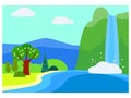 Summer spring lanscape, waterfall rural, field, mountaine, trees. Countryside scene river. Vector illustration minimal