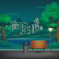 Summer, spring night park vector illustration. Wooden bench, trash bin and street lamp on a park trail with a lake and cityscape. Royalty Free Stock Photo