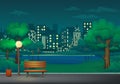 Summer, spring night park vector illustration. Bench, trash bin and street lamp on a park trail with lake and cityscape Royalty Free Stock Photo