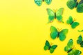 Summer or spring postcard and colourful minimalist greeting card concept with a bunch of green butterflies isolated on a yellow