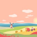 Summer square poster with fields and harvesting. Windmill, tractor with hay. Setting sun on a pink sky with clouds Royalty Free Stock Photo
