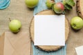 Summer stationery mockup scene with with apples, blue runner, on a beige background in rustic style and natural. Mockup card for Royalty Free Stock Photo