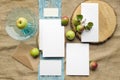 Summer stationery mockup set scene with with apples, blue runner, on a beige background in rustic style and natural. Mockup card Royalty Free Stock Photo