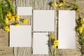 Summer stationery mockups set scene with with yellow flowers on a old wood background in rustic style and natural. Mockup card