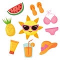 Collection of summer stickers. Sun, sunglasses, cream spf. Watermelon, pineapple. Bikini swimsuit, hat, flip flops. Cocktail