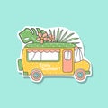Summer sticker with a bus and palm leaves. Travel by bus. Vector illustration. The objects are isolated