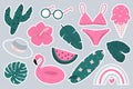 Summer sticker set with cactus, swimwear, surfboard, rainbow, tropical leaves and flowers, ice cream, hat, eye glasses, watermelon Royalty Free Stock Photo