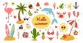 Summer stickers. Cute scrapbook collection. Summertime travel. Beach vacation. Party cocktail. Hello tropical drink