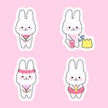 Summer stickers with kawaii rabbits. Rabbits with flowers, ice cream, drink, sand castle.