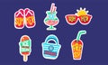 Summer Stickers Set, Bright Summer Holidays Trendy Patches Vector Illustration