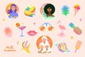 Summer stickers set with flamingo, sunglasses, tropical pineapple, fashion girls