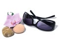 Sunglasses, purple lenses, orchid and sea stones