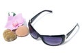 Sunglasses, purple lenses, orchid and sea stones