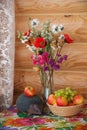 Summer still life and hedgehog with apple