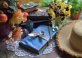 Summer still life with old decorated book, crystal stines and beautiful flowers in pots outside in the garden. Vintage