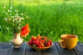 Summer still life of a plate with strawberries and coffee on a table with flowers. Summer morning or evening background Royalty Free Stock Photo