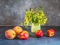 Summer still life with yellow colza and fruits, pensions and nectarines Royalty Free Stock Photo