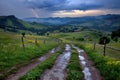 Summer Storm: Panoramic View of Dramatic Sky with Rainy Clouds and Lightning over Beautiful Meadow - Weather Forecast Concept Royalty Free Stock Photo