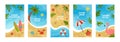 Summer story posters. Social media banners set. Tropical resort. Spring palm leaves. Seashore rest. Bright cards. Beach