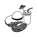 summer straw hat with cocktail and flip flops