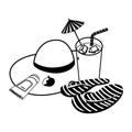 summer straw hat with cocktail and flip flops