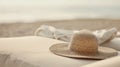 Summer straw hat on a sun lounger on a sandy beach. Royalty Free Stock Photo