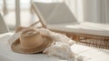 Summer straw hat on a sun lounger on a sandy beach. Royalty Free Stock Photo