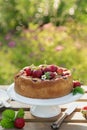 Summer strawberry cake wooden table