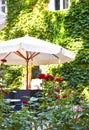 Summer street cafe interior in green city park, ornate with flowers and decorative elements, white umbrella, front focus on flower