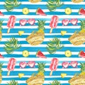 Summer stripe beach print with fresh ftuits and tropical plants. Watercolor seamless pattern with blue stripes Royalty Free Stock Photo