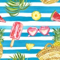 Summer stripe beach print with fresh ftuits and tropical plants. Watercolor seamless pattern with blue stripes