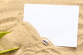 Summer style with empty blank paper on a sea sand. white card background for add text. Backdrop summer concept Royalty Free Stock Photo