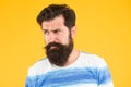 Summer style. Man bearded stylish beard yellow background. Barber tips. Stylish beard and mustache. Hipster style. Beard