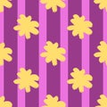 Summer style seamless botanic patetrn with doodle yellow flower bud shapes. Purple striped background Royalty Free Stock Photo