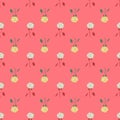 Summer style seamless pattern with light blue and yellow hydrangea flower print. Pink background