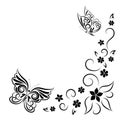 Summer stylized composition of butterflies and flowers. The image is drawn by a black line in the form of an ornament. Clipart for